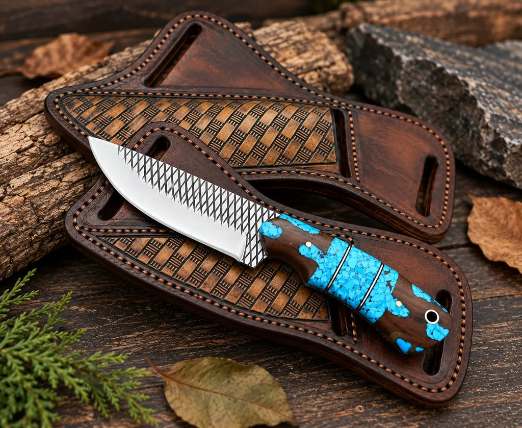 File-worked spine detail on mirror polished skinner knife blade
