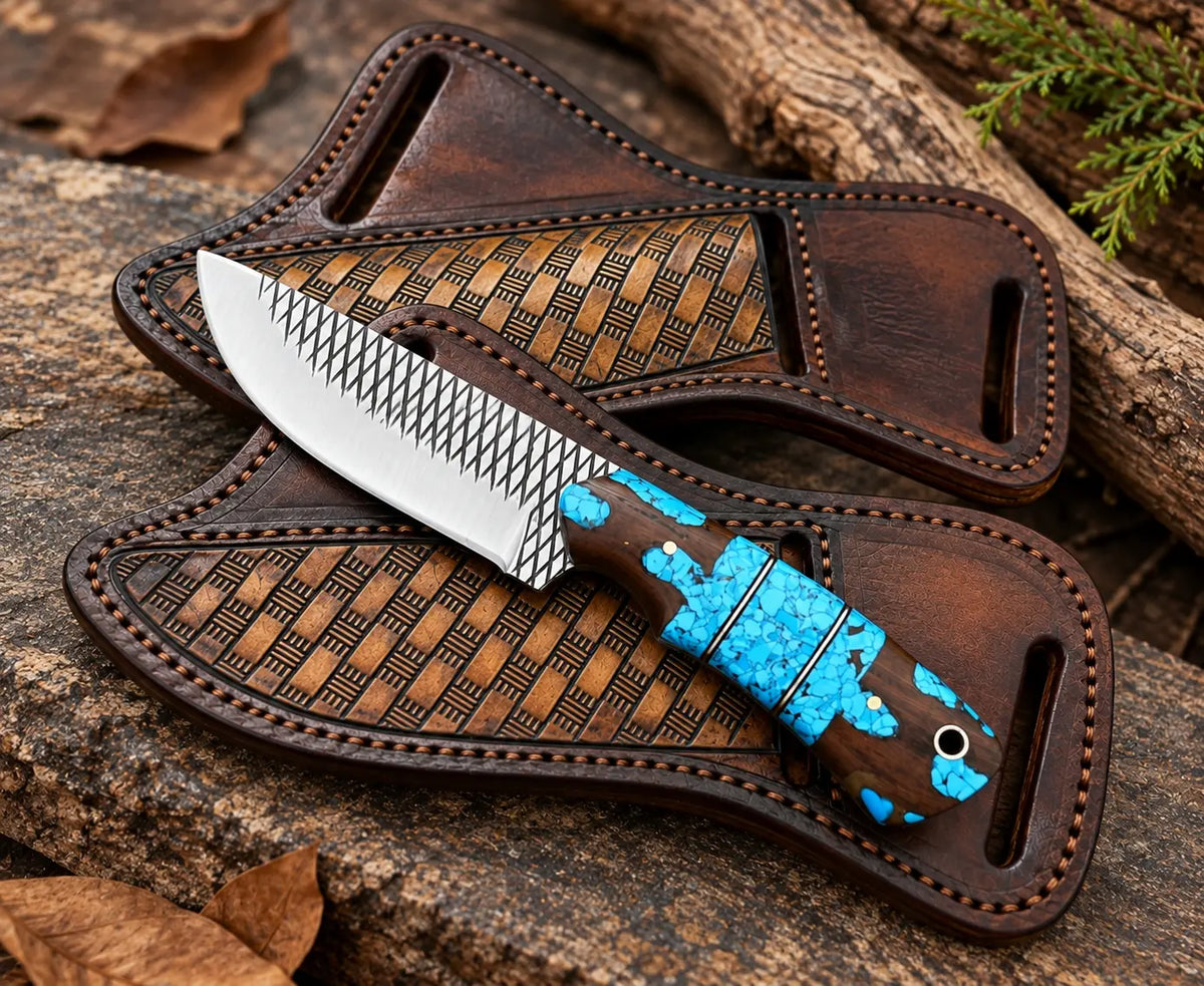 Turquoise inlay skinner knife with leather sheath - full length view