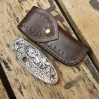Skull engraved Damascus folding pocket knife, gothic EDC knife
