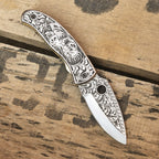 Skull engraved Damascus knife with leather sheath