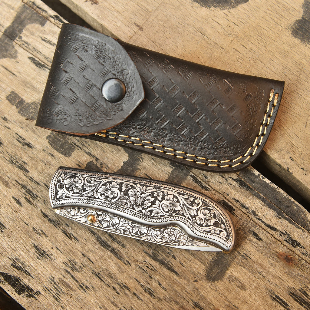 Steel folding pocket knife with sheath