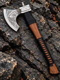 Handmade Viking axe with hand-engraved carbon steel head, wood handle, black leather wrap and brass pins - full view