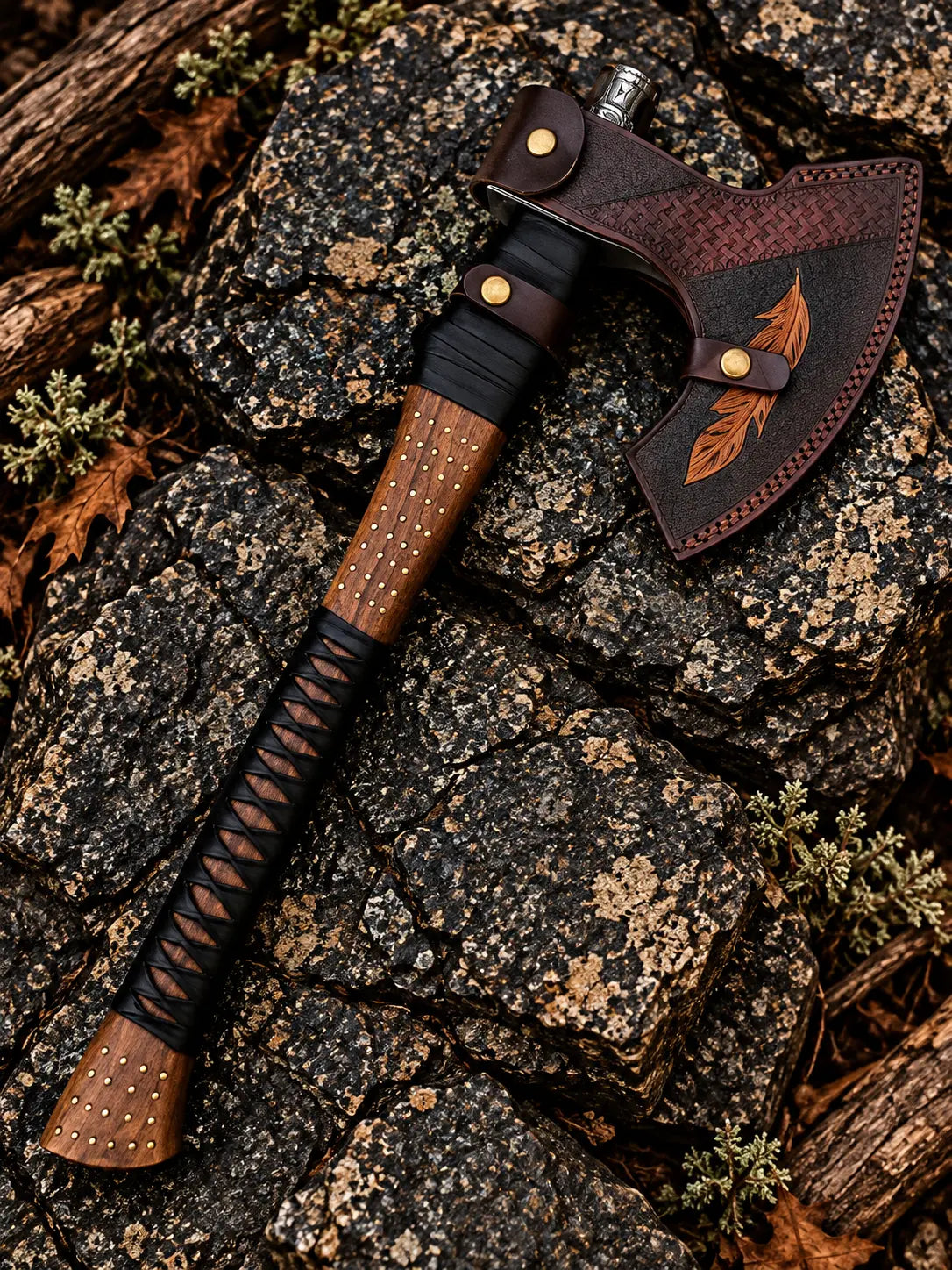 Hand-engraved Viking axe head with Damascus top piece - angle 2