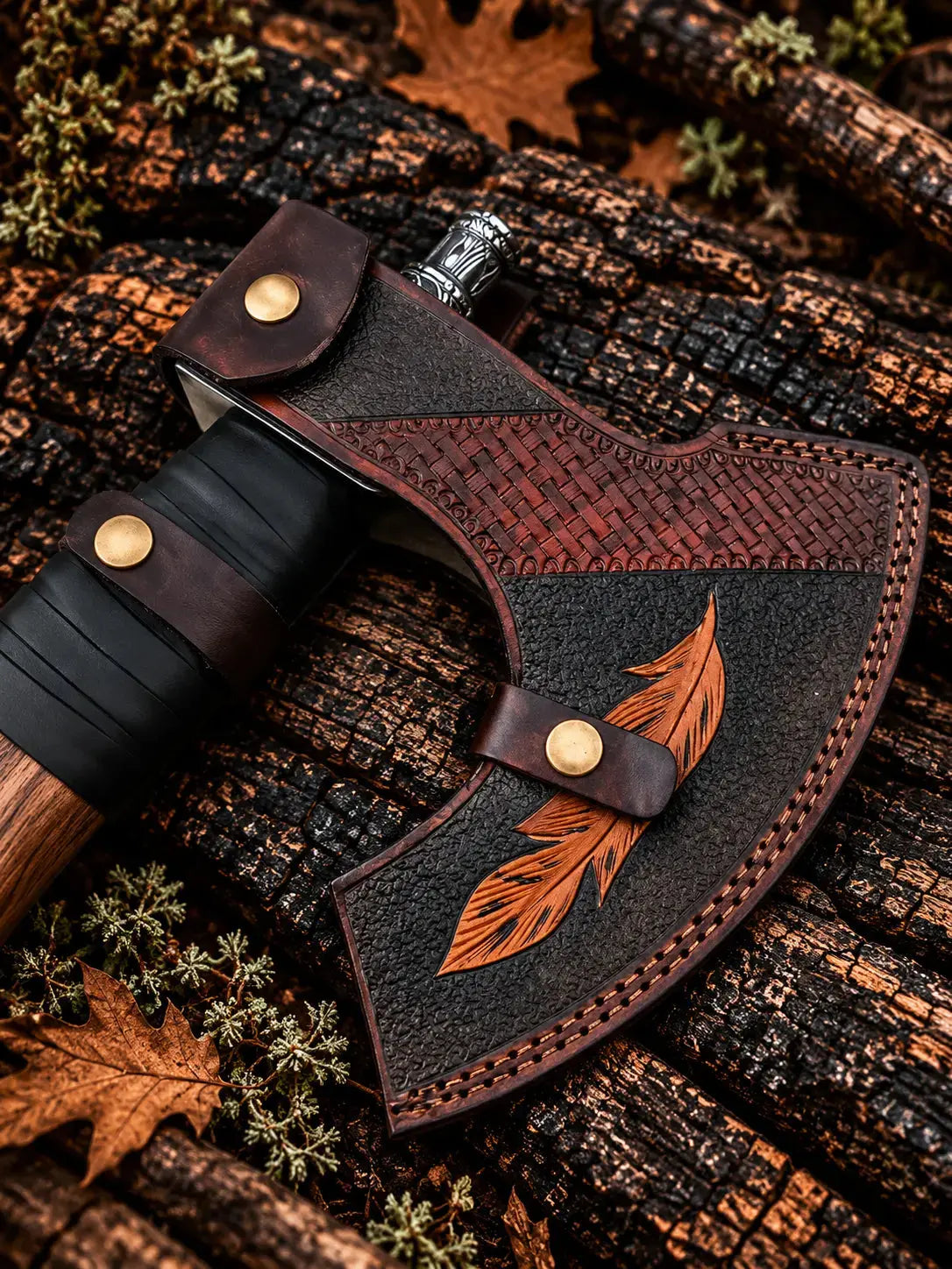 Viking axe with hand-engraved head and leather sheath - angle 5