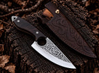 Handmade Viking Celtic engraved finger hole skinner knife with rosewood handle and Italian leather sheath - full view