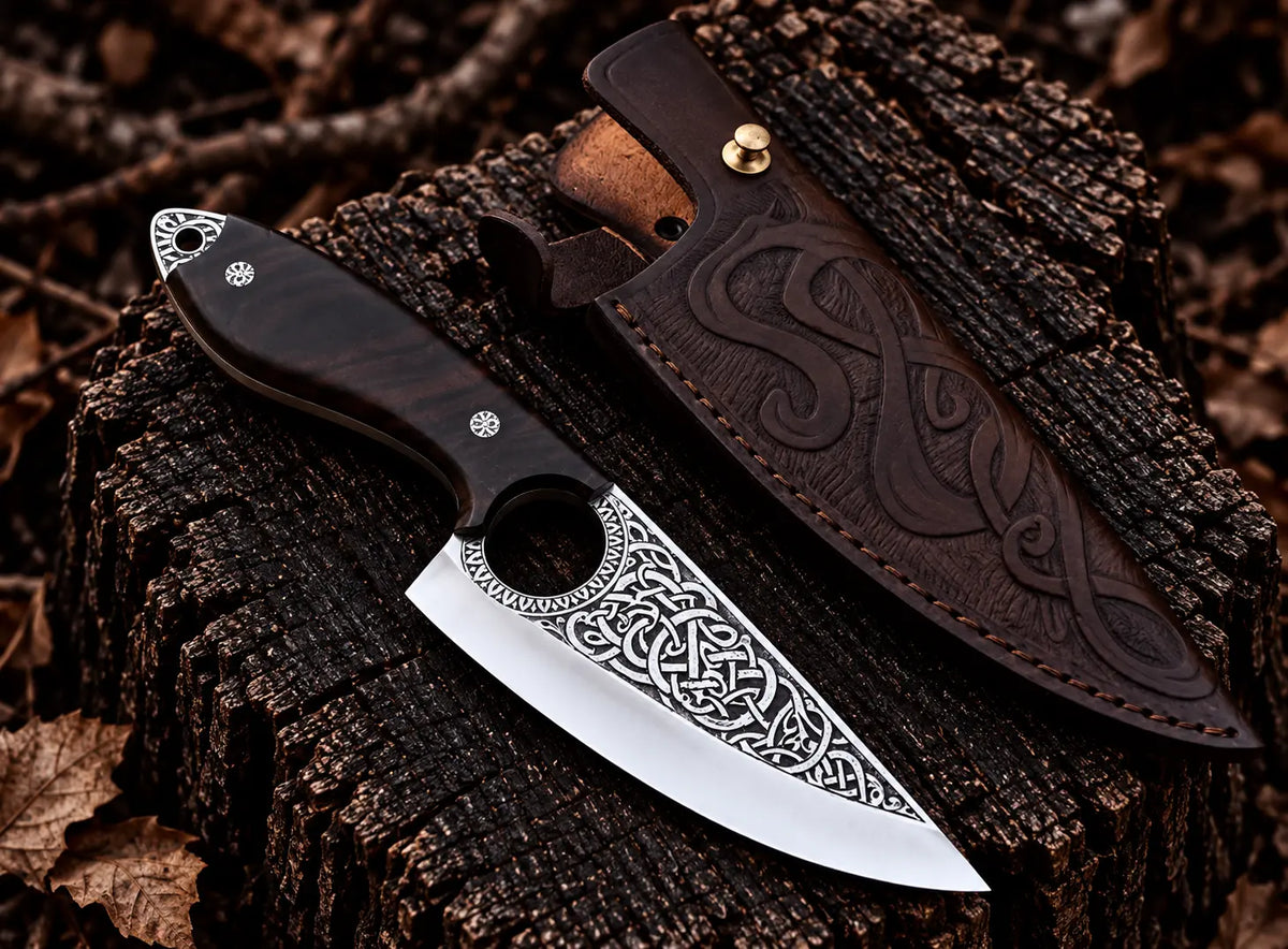 Handmade Viking Celtic engraved finger hole skinner knife with rosewood handle and Italian leather sheath - full view