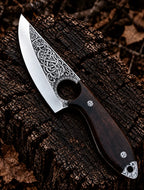 Hand-carved Viking design on dark brown Italian leather sheath with brass snap