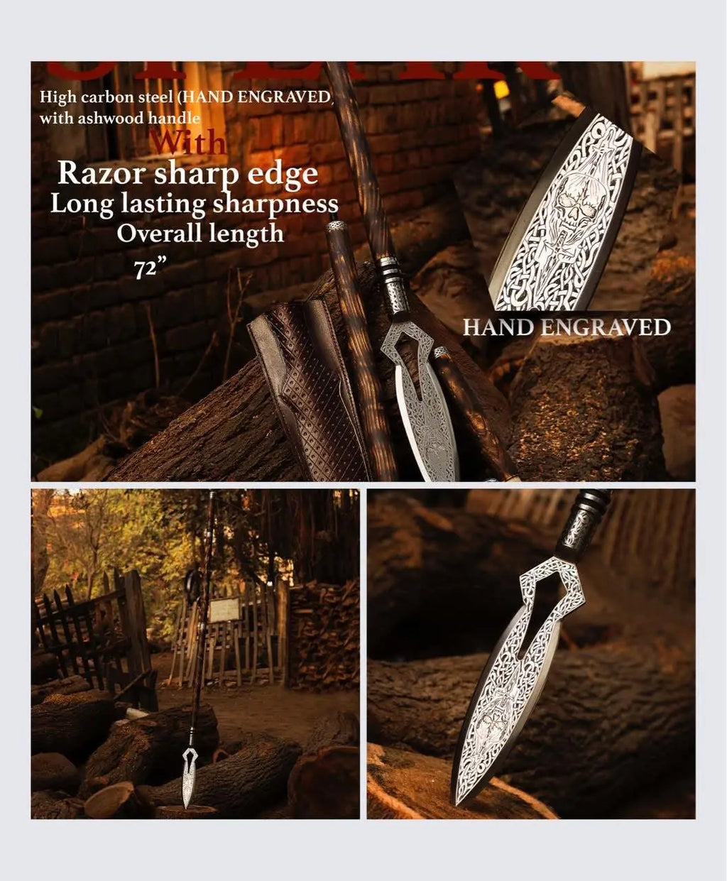 Handmade Viking spear with hand-forged carbon steel head, engraved socket and ash wood shaft with leather sheath - full view