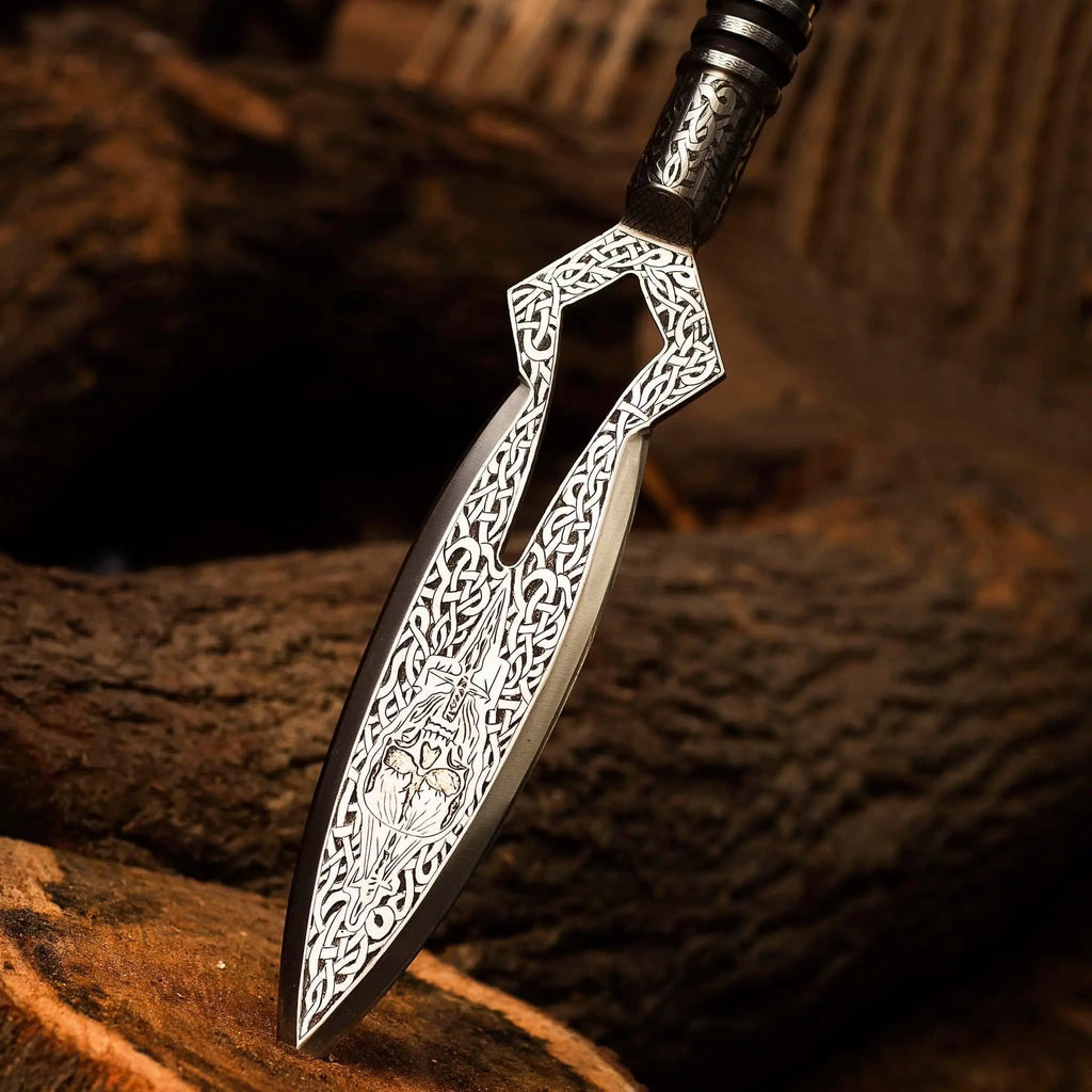 Engraved steel socket and collar joining spearhead to ash wood shaft