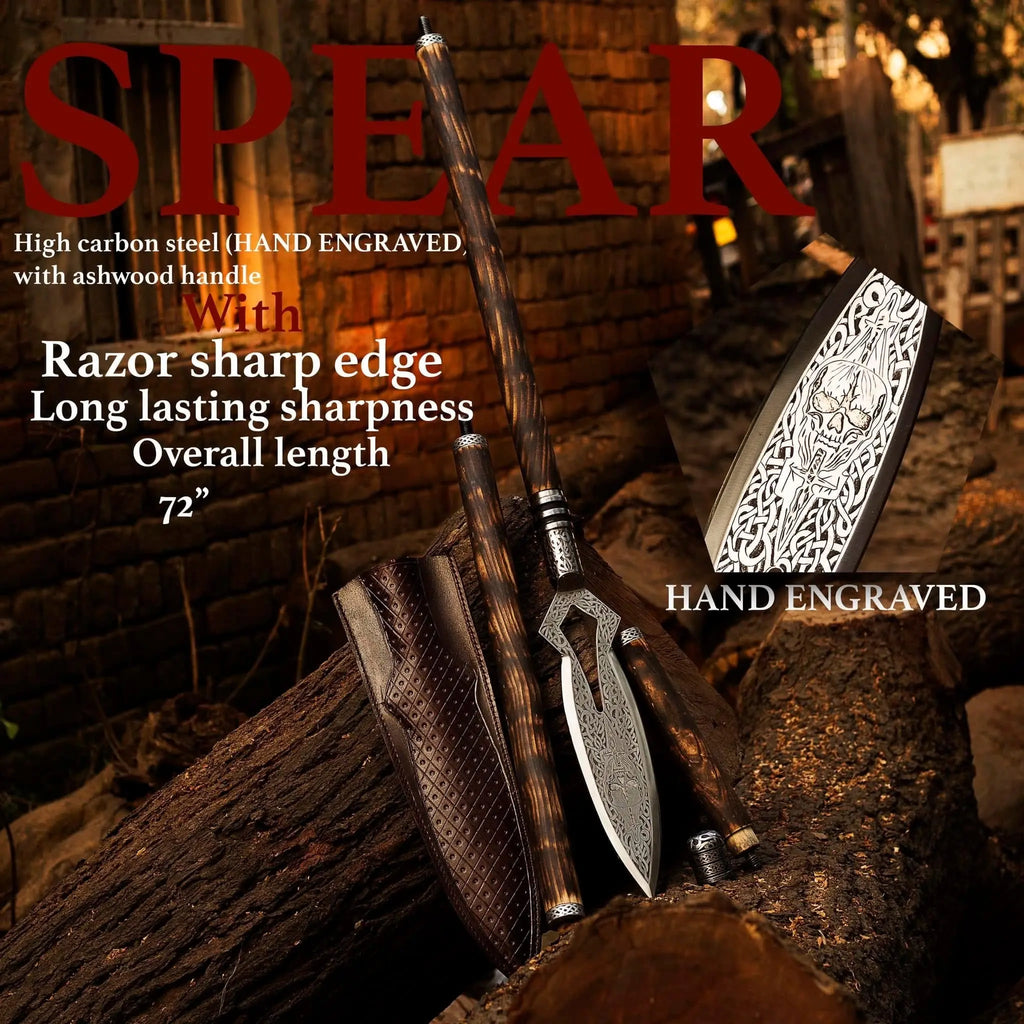 Ash wood spear shaft with dark scorched finish and steel end cap
