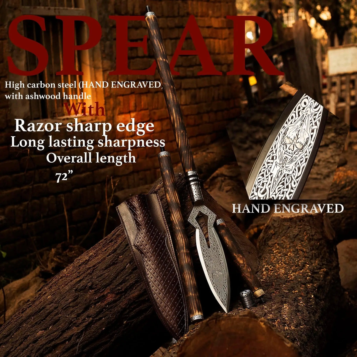 Ash wood spear shaft with dark scorched finish and steel end cap