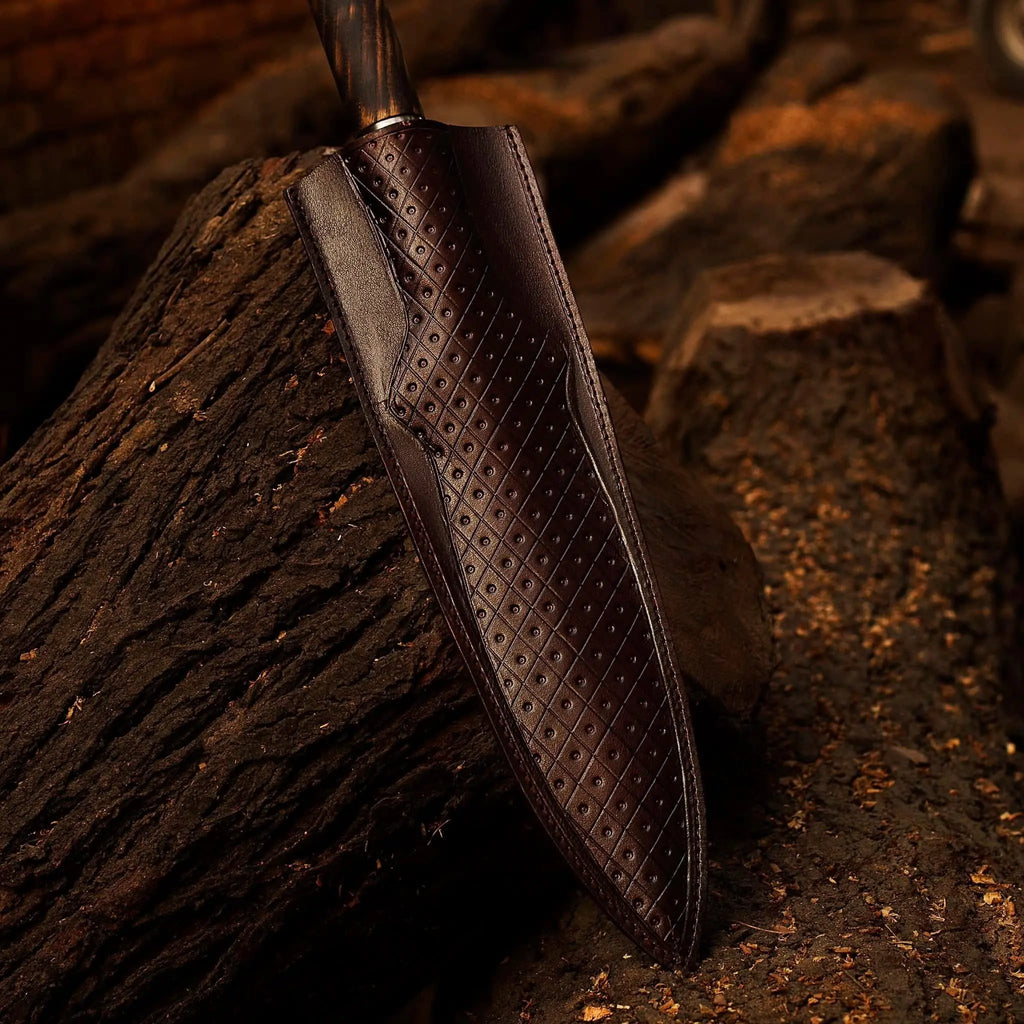 Leather sheath with embossed diamond pattern for Viking spearhead