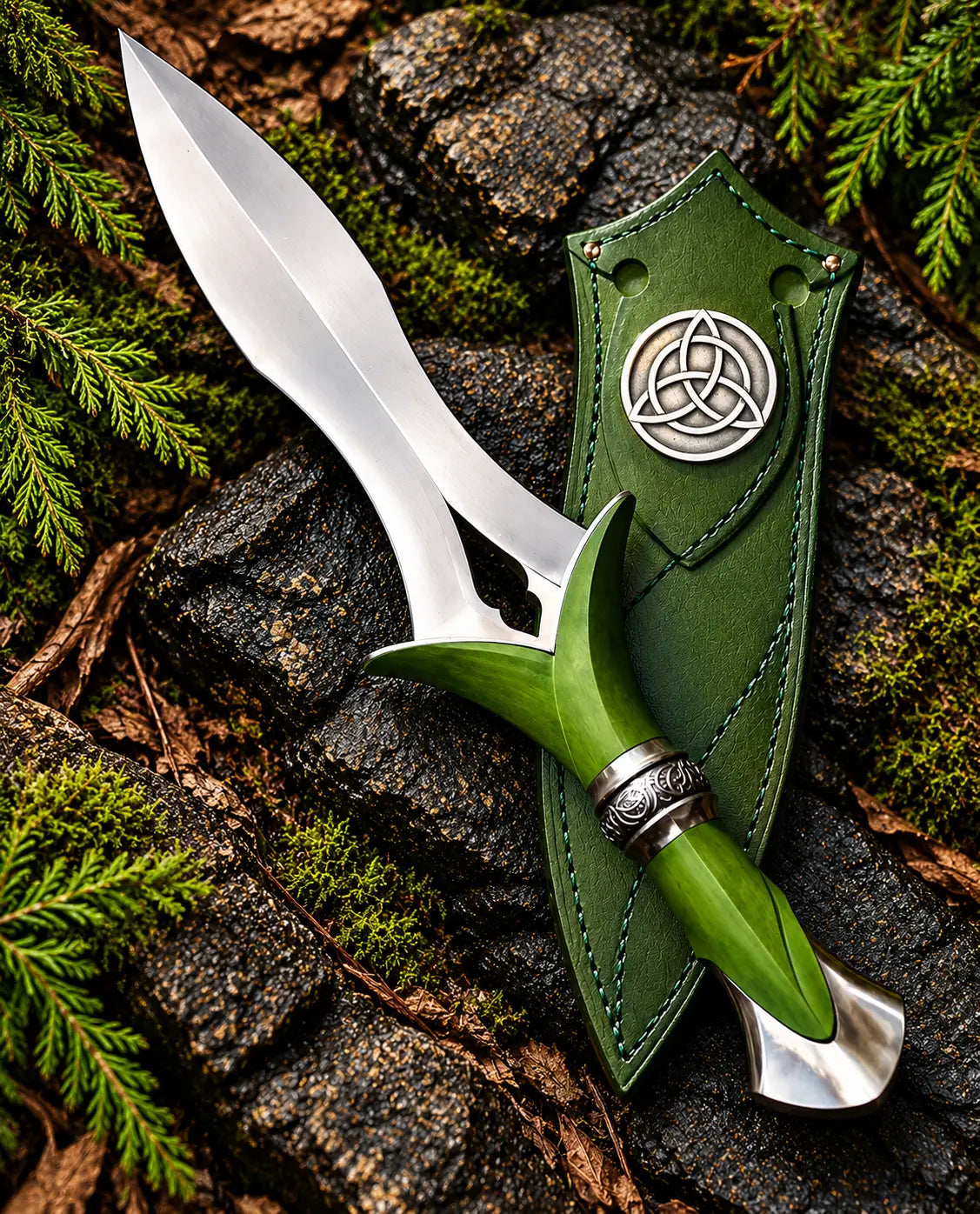Handmade Viking style carbon steel knife with polished dagger blade, green handle, Celtic collar and green sheath with triquetra emblem