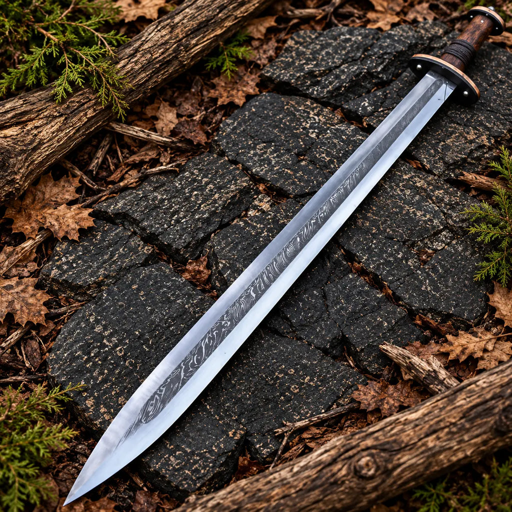 Handmade Damascus steel Viking sword with wood and black micarta handle - full view