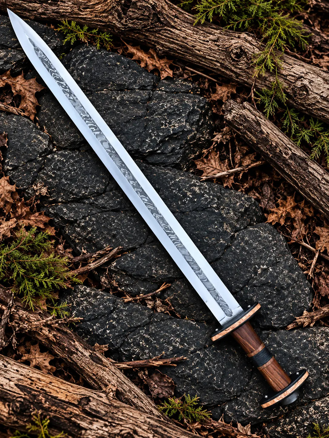 Damascus pattern fuller on Viking sword blade close-up