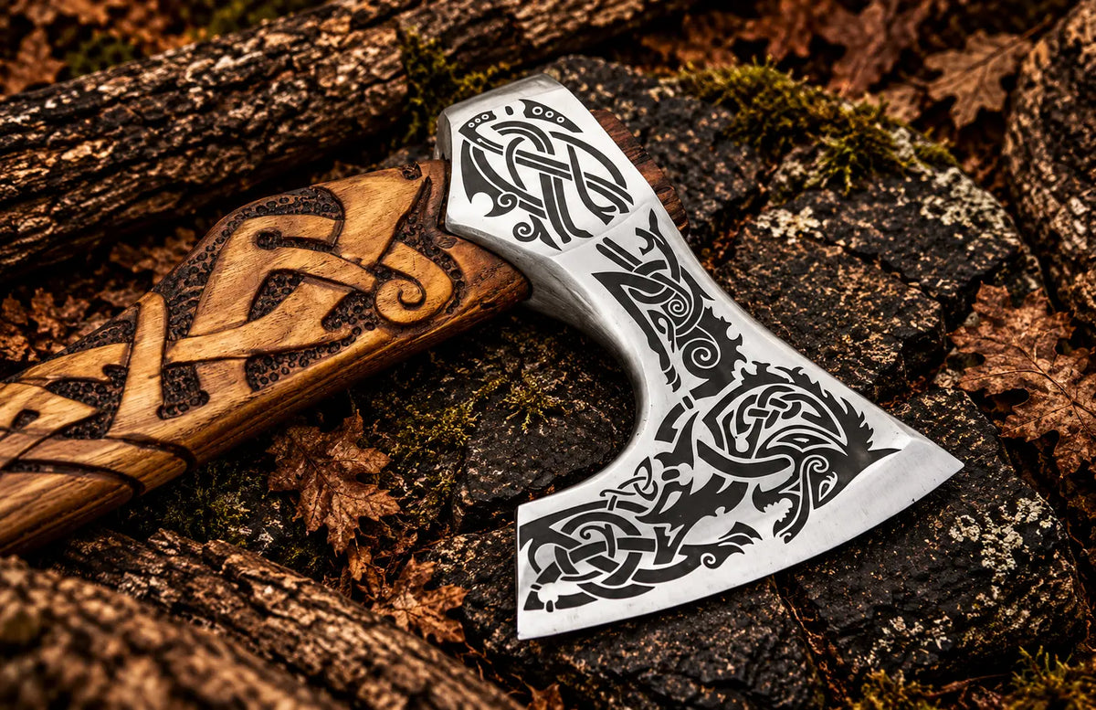 Viking wolf axe with hand-carved handle and carved wolf head - angle 2